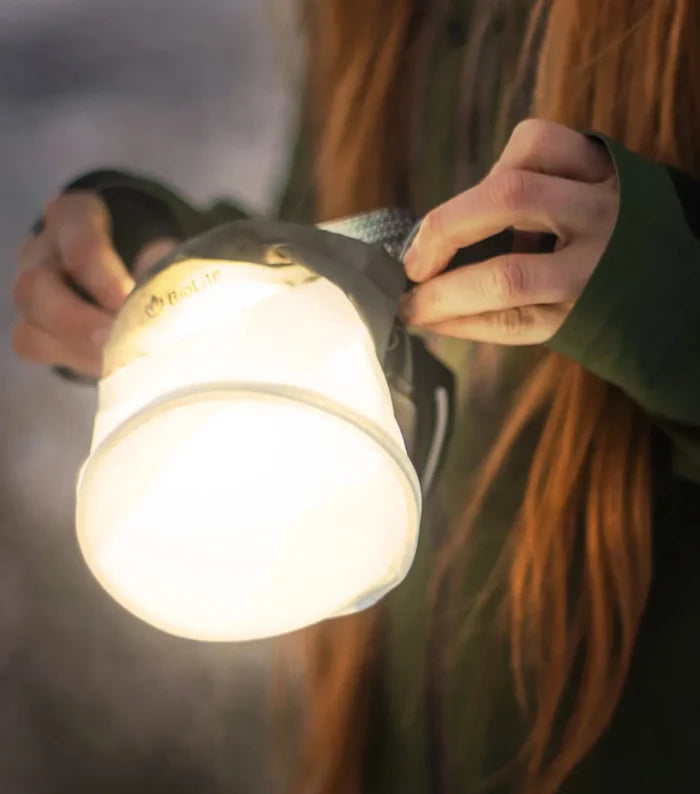 Suspends headlamp in the middle of a bag for an even, diffused, ambient lighting