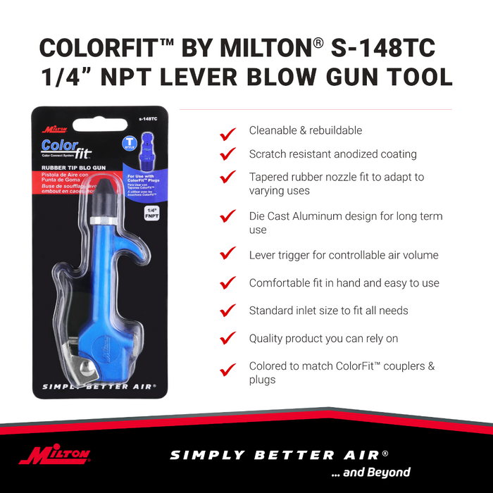 COLORFIT® S-148TC 1/4” NPT Lever Blow Gun Tool - Rubber Tip Nozzle, Blue