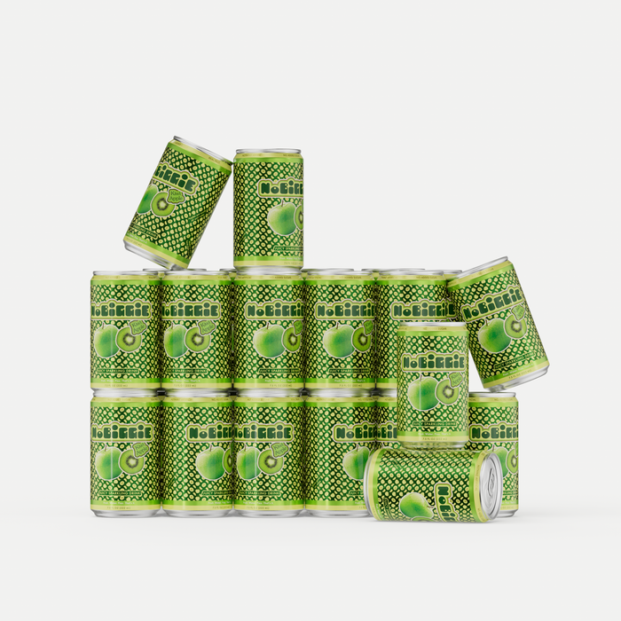 Stack of green aluminum cans with "No Beer" branding and apple graphics arranged in a pyramid formation