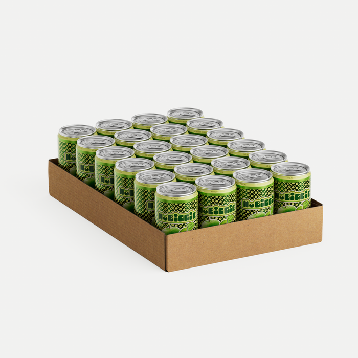24-pack of green BEEBAD energy drink cans arranged in cardboard carrier box against white background