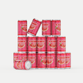Stack of red and pink strawberry-flavored beverage cans with "NoBull" branding, arranged in pyramid formation with one can tilted on top