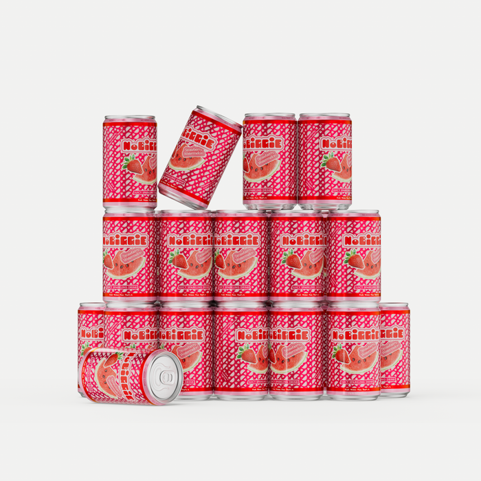 Stack of red and pink strawberry-flavored beverage cans with "NoBull" branding, arranged in pyramid formation with one can tilted on top