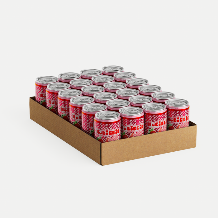 Case of 24 red patterned soda cans arranged in cardboard tray, displaying silver pull-tab tops