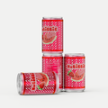 Four red and pink NoBeRRiS strawberry watermelon sparkling drink cans stacked and arranged, showing nutrition facts and fruit imagery
