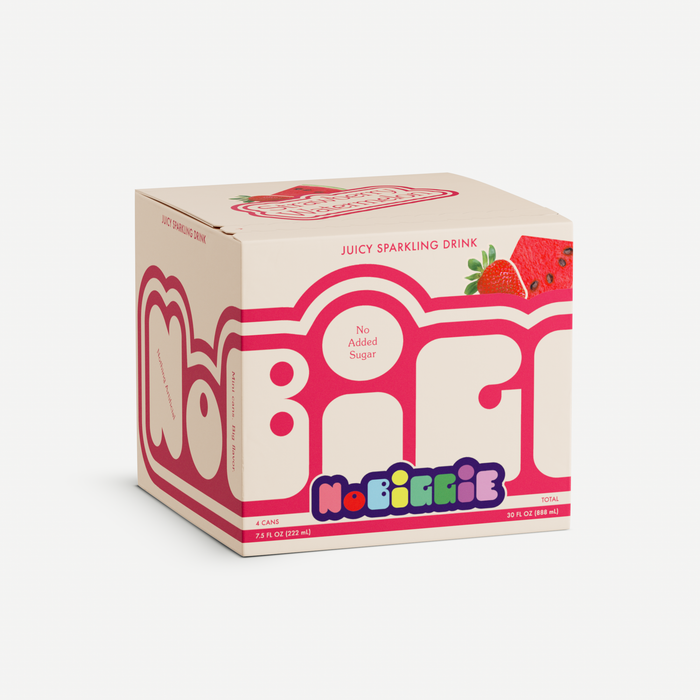 A 4-pack carton of NOËFFIE juicy sparkling drink with pink and cream packaging featuring strawberry and watermelon graphics, labeled "No Added Sugar"
