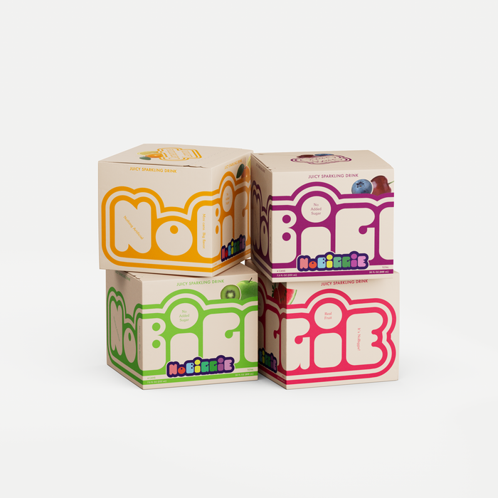Four colorful Mobble sparkling drink cartons in orange, purple, green, and pink with bubble-style typography and fruit illustrations