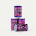 Four purple NoBerri sparkling drink cans with white polka dot pattern, featuring blueberry and cherry graphics, stacked in pyramid formation