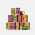 Colorful pyramid stack of fruit-flavored beverage cans in bright pink, orange, green, and purple with "NoBEER" branding and fruit graphics