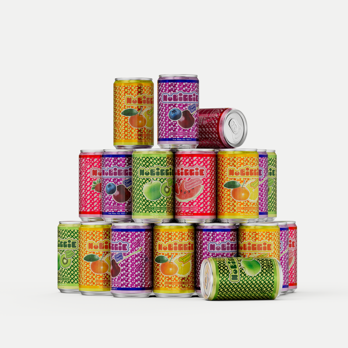 Colorful pyramid stack of fruit-flavored beverage cans in bright pink, orange, green, and purple with "NoBEER" branding and fruit graphics